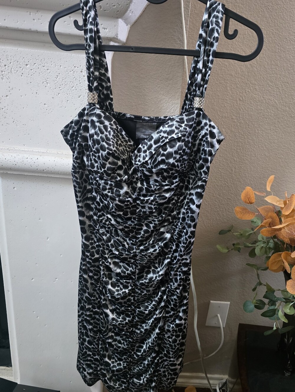 Vintage Leopard Black & White Animal Print Ruched Slip Bodycon Dress Sz 9,